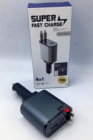 4-in-1 Retractable Car Fast Charger with Digital Voltage Display