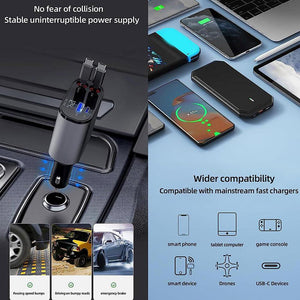 4-in-1 Retractable Car Fast Charger with Digital Voltage Display