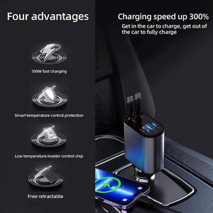 4-in-1 Retractable Car Fast Charger with Digital Voltage Display