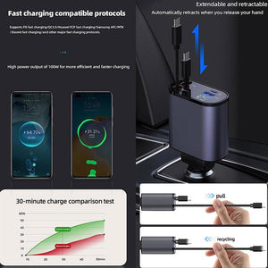 4-in-1 Retractable Car Fast Charger with Digital Voltage Display
