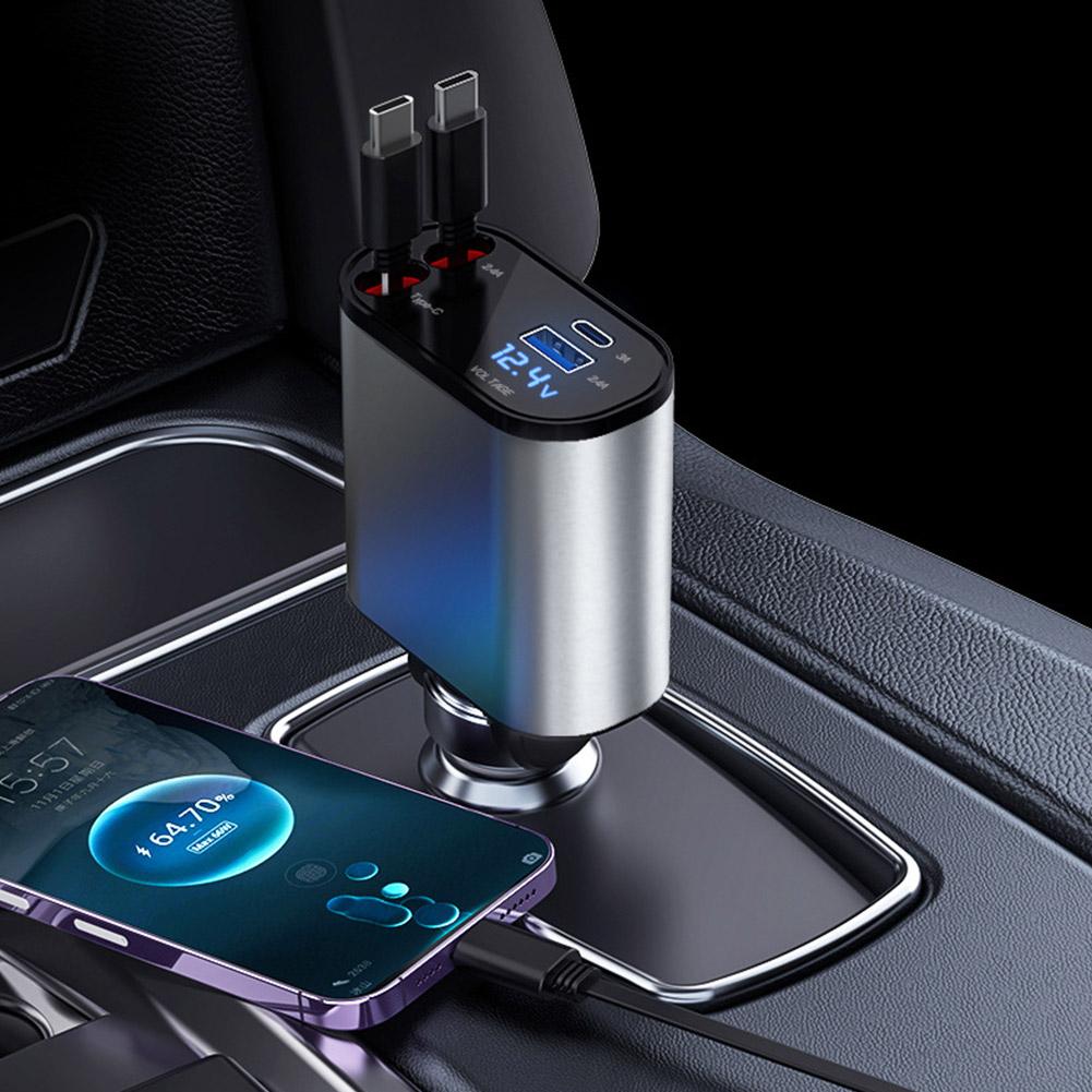 4-in-1 Retractable Car Fast Charger with Digital Voltage Display
