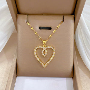 Double Layer Cubic Zirconia Heart Pendant Necklace