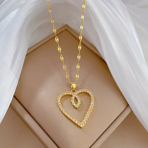 Double Layer Cubic Zirconia Heart Pendant Necklace
